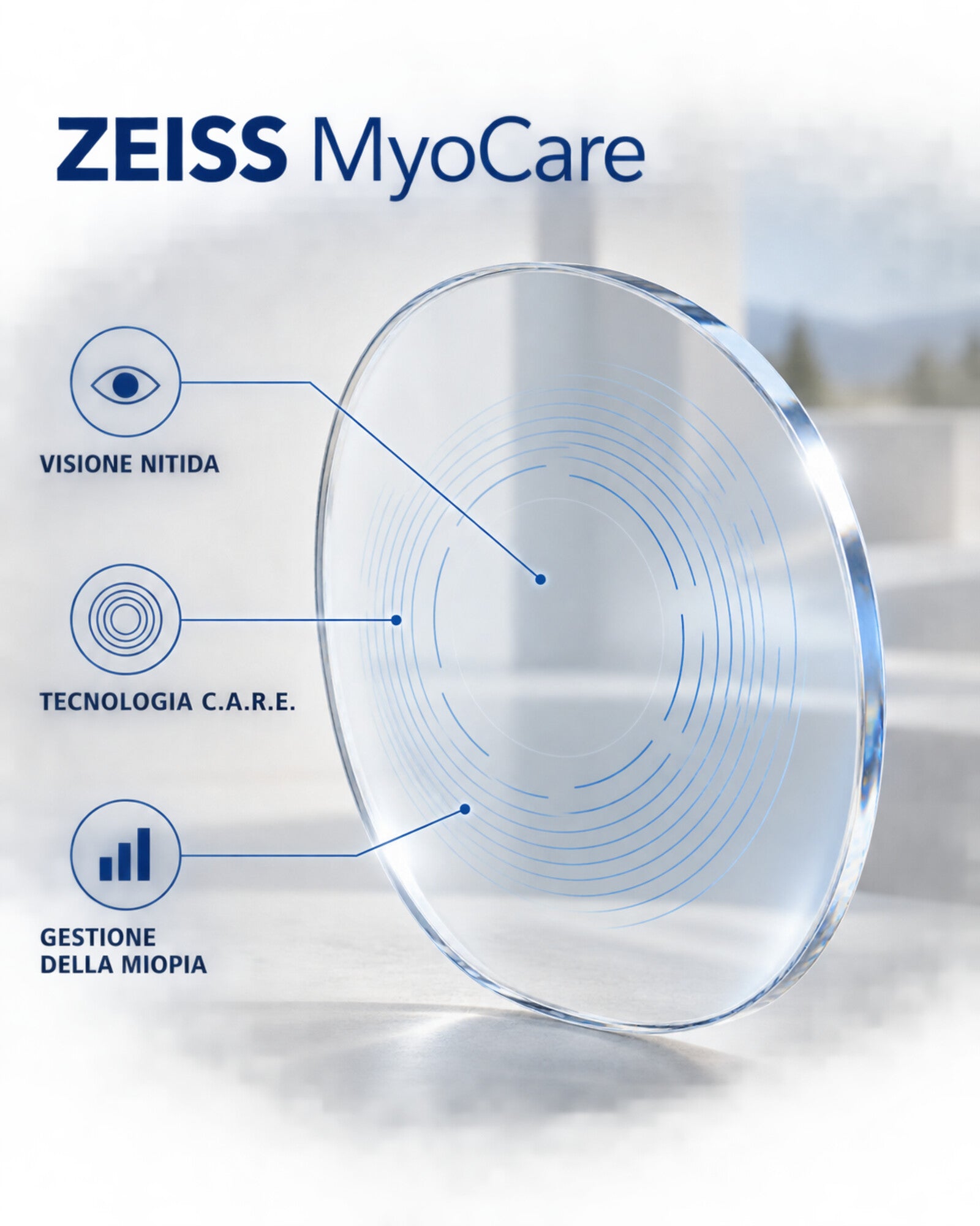 Schema esplicativo della lente ZEISS MyoCare con tecnologia C.A.R.E.